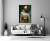 Headless Monk close-up showing smooth amber face above silver linen robe