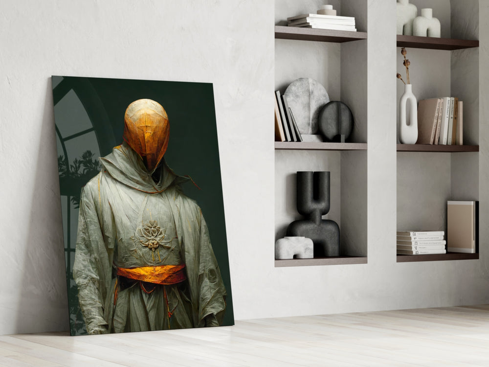 Headless Monk glass print enhancing a bedroom with cinematic mood