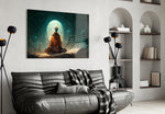 Meditation glass wall art styled above a console in a hallway