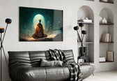 Meditation glass wall art styled above a console in a hallway