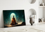 Meditation close-up showing robed alien meditating beneath pale moon-orb