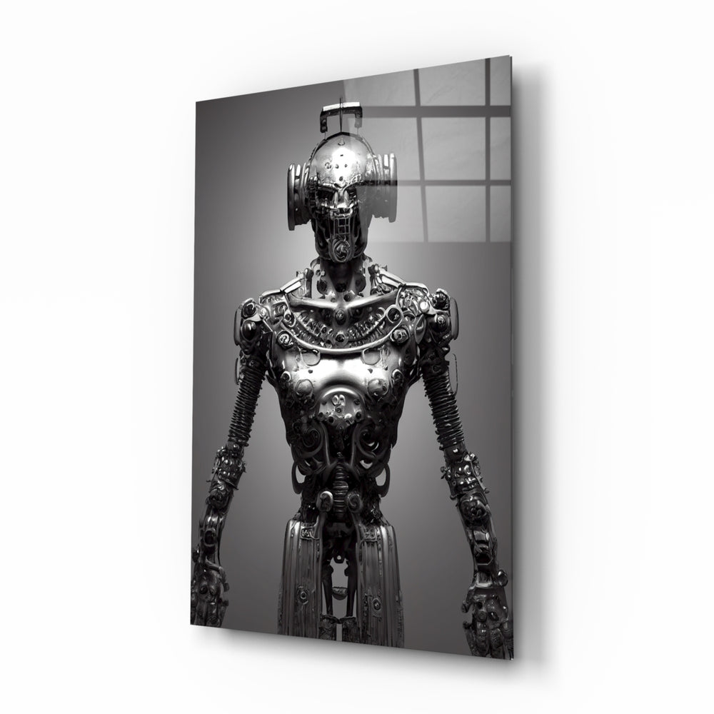 Humachine glass wall art displayed above a steel console in an industrial loft with Edison bulbs