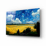 Cloudy Day glass wall art displayed above a walnut sideboard in a contemporary dining room with linen drapes
