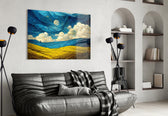 Dancing Sky glass wall art styled above a console in a hallway