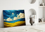 Dancing Sky close-up showing pilgrim on ridge beneath cobalt cloud swirls