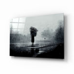 Loneliness glass wall art displayed above a walnut sideboard in a moody hallway with brass sconces