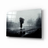 Loneliness glass wall art displayed above a walnut sideboard in a moody hallway with brass sconces