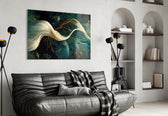 Flow of Roots glass wall art styled above a headboard in a bedroom