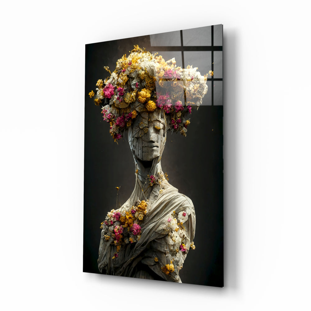 Abandoned Statue glass wall art displayed above a walnut headboard in a serene bedroom with linen drapes