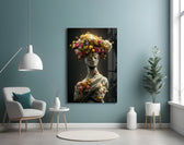 Abandoned Statue glass wall art styled above a console in a hallway