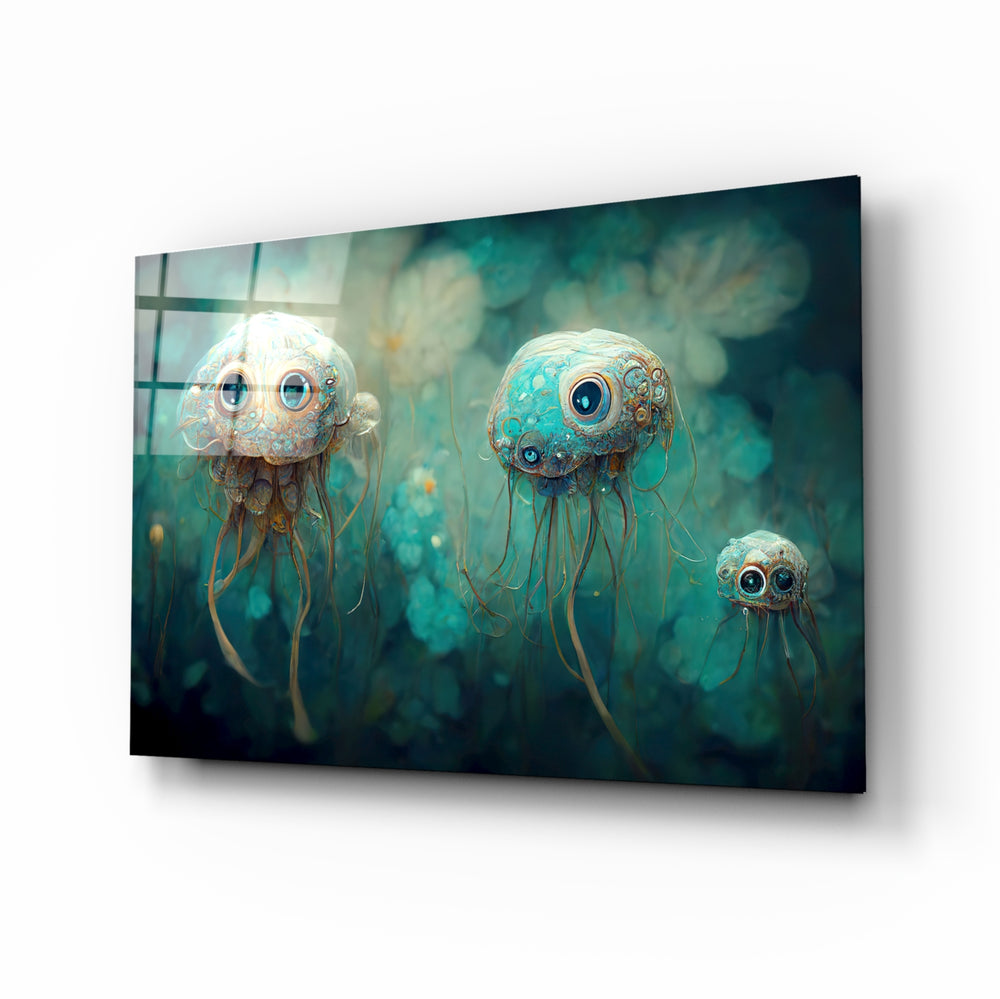 Jelly Eyes glass wall art displayed above a console in a kids room with turquoise accents
