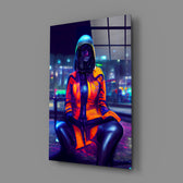 Cyberpunk-portrait panel bringing electric pulse to a contemporary teen lounge