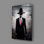 Horror-portrait panel bringing haunted gravity to a contemporary man cave