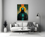 The Prince close-up showing robotic saint beneath amber halo