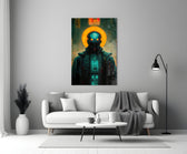 The Prince close-up showing robotic saint beneath amber halo