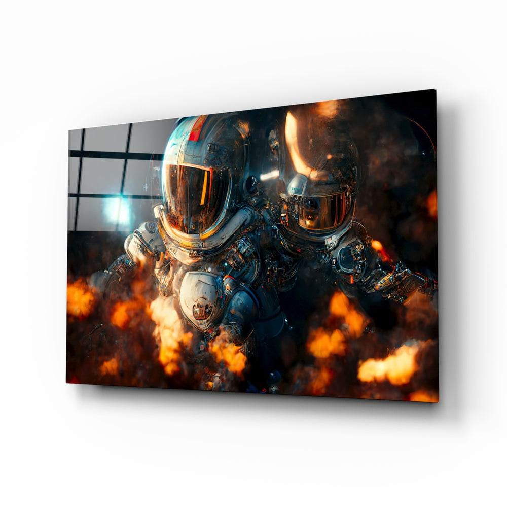 The Drift glass wall art displayed above a desk in a kids room with amber and graphite accents