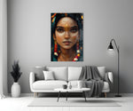 Beauty close-up showing Indian muse with gold bindi and floral filigree