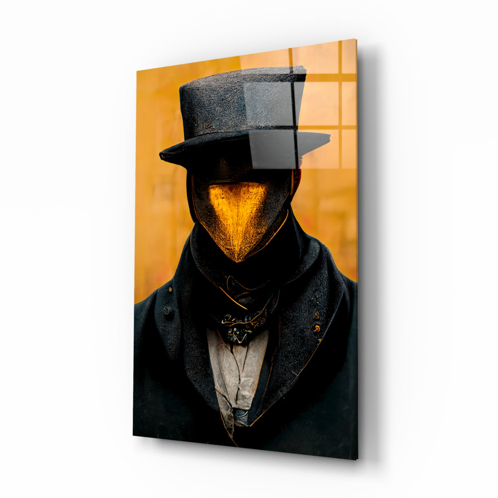 Mr. Beak glass wall art displayed above a walnut console in a moody hallway with brass sconces