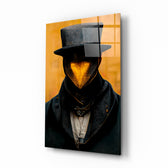 Mr. Beak glass wall art displayed above a walnut console in a moody hallway with brass sconces
