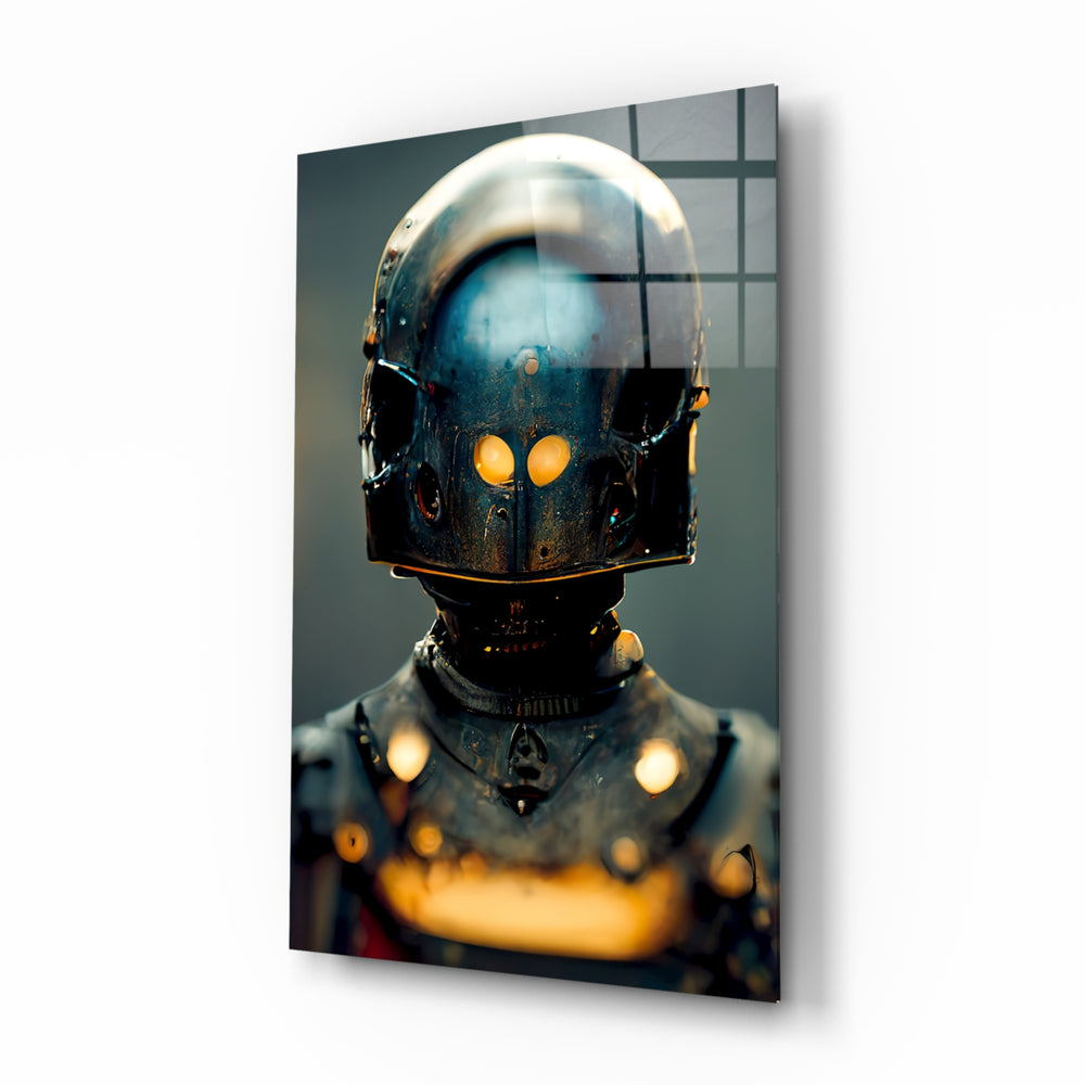 Fighter glass wall art displayed above a steel console in an industrial loft with Edison bulbs
