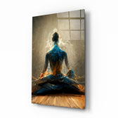 Meditation glass wall art displayed above a walnut headboard in a serene bedroom with linen drapes