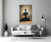 Meditation close-up showing woman in lotus pose with amber smoke