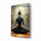 Meditation glass wall art displayed above a walnut headboard in a serene bedroom with linen drapes