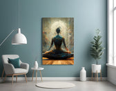 Meditation glass wall art styled above a sideboard in a living room