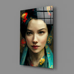 Oriental-portrait panel bringing luminous grace to a contemporary living room