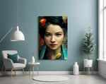 Virtual Beauty glass wall art styled above a console in a hallway