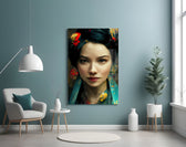 Virtual Beauty glass wall art styled above a console in a hallway