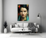 Virtual Beauty close-up showing Asian muse with teal-and-gold scarf and crimson floral motifs