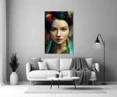 Virtual Beauty close-up showing Asian muse with teal-and-gold scarf and crimson floral motifs