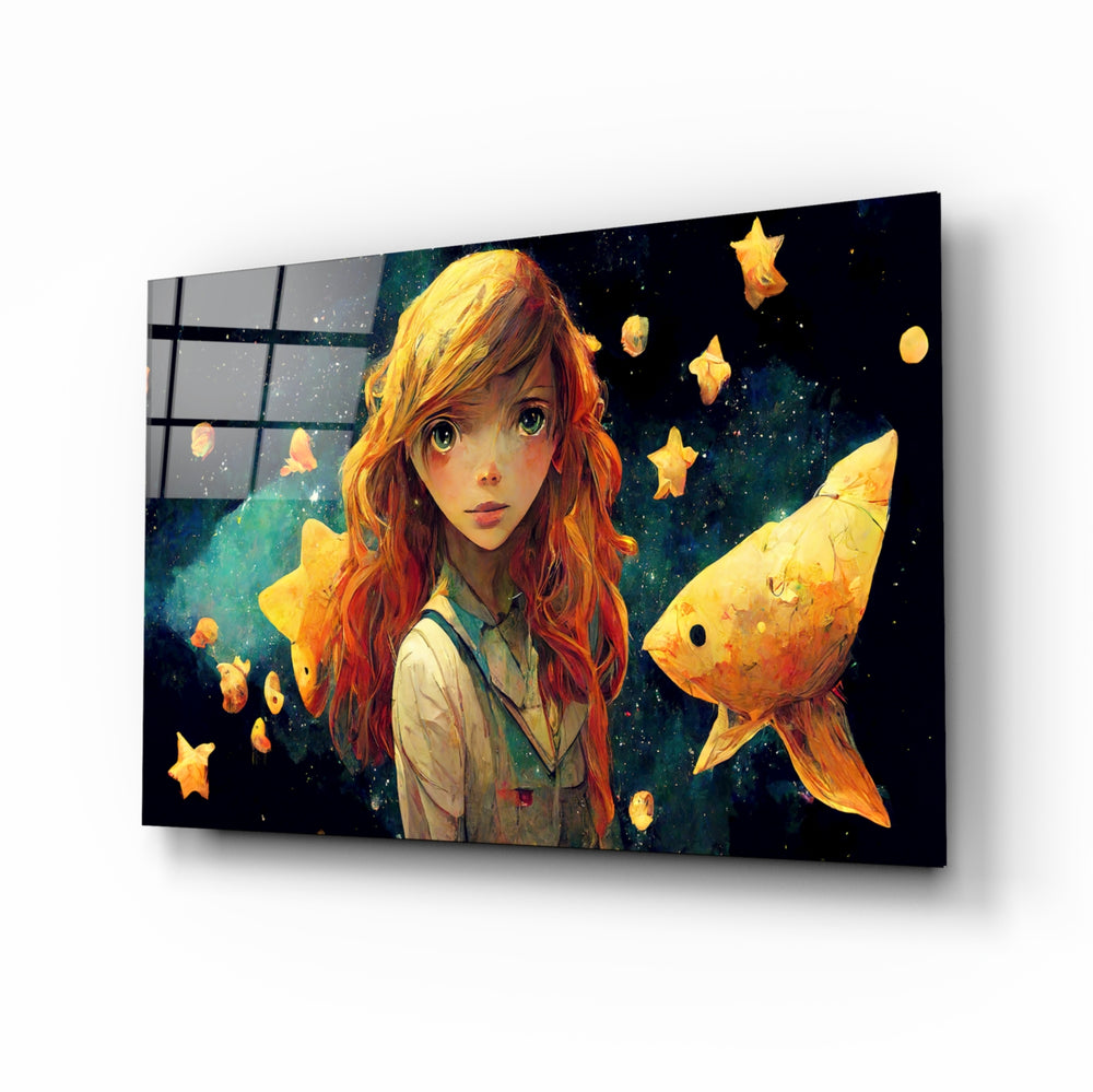 Space Aquarium glass wall art displayed above a desk in a kids room with golden and teal accents