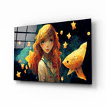 Space Aquarium glass wall art displayed above a desk in a kids room with golden and teal accents