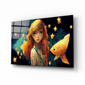 Space Aquarium glass wall art displayed above a desk in a kids room with golden and teal accents