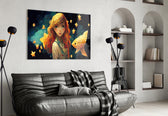 Space Aquarium glass wall art styled above a headboard in a bedroom
