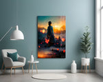 Towards Sunset glass wall art styled above a console in a hallway