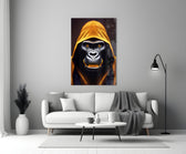 Angry Smile close-up showing hooded gorilla with amber eyes and yellow teeth