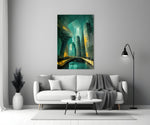 Underground close-up showing stone columns and gold lamp-lights in teal cavern