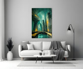 Underground close-up showing stone columns and gold lamp-lights in teal cavern