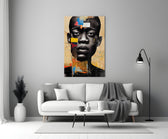 The Rebellious Look close-up showing African portrait amid crimson and teal blocks