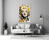 Marilyn Monroe close-up showing crimson lips and golden curls amid Basquiat scratches