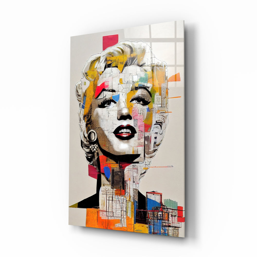 Marilyn Monroe glass wall art displayed above a walnut headboard in a serene bedroom with linen drapes and a brass lamp