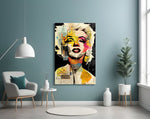 Marilyn Monroe glass wall art styled above a console in a hallway