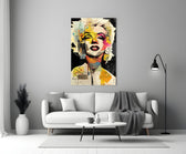 Marilyn Monroe close-up showing golden curls and crimson lips on black ground