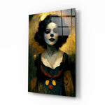 Harley Quinn glass wall art displayed above a walnut console in a moody hallway with brass sconces