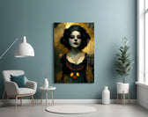 Harley Quinn glass wall art styled above a desk in a study