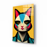 The Cat glass wall art displayed above a desk in a kids room with cyan and amber accents