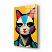 The Cat glass wall art displayed above a desk in a kids room with cyan and amber accents